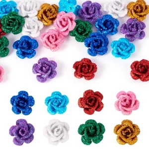 32Pcs 8 Colors 3D Rose Flower Baking Paint Aluminum Beads with Sequins 15.5x9mm - Picture 1 of 10