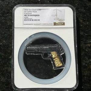 2024 Chad 2oz Silver Coin .45 Caliber Pistol Handgun Black & Gilded NGC MS70 - Picture 1 of 14