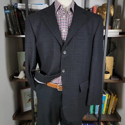 Oscar De La Renta Mens Flannel Sport Coat Blazer Three Button BLK Plaid Wool 46R - Image 1 of 4