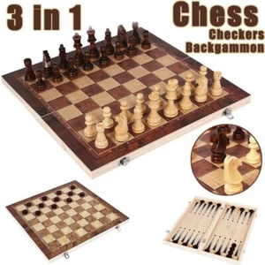 3 in 1 Wooden Chess Backgammon Checkers Travel Games Chess Set Board Draughts - Picture 1 of 12