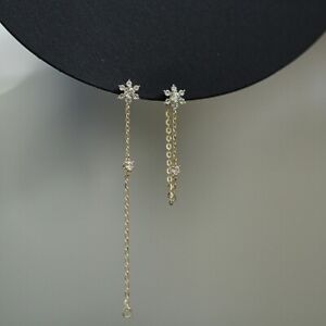 9ct Solid Gold Cluster Flower Chain Stud Earring dangle, wedding, 9K Au375, long