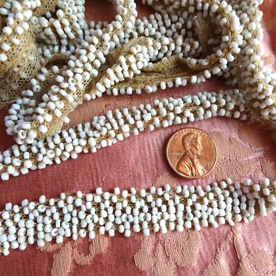 FRENCH Art Deco Flapper Era Beaded Trim Tiny White Beads on Netted Lace,Vintage - Image 1 of 2