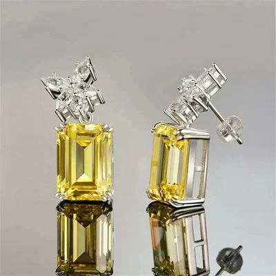 Art Deco Style Lab Created Diamond Lovely Yellow Earrings 14K White Gold Finish - Image 1 of 4