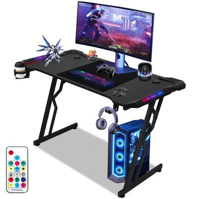 Gaming Schreibtisch Z-Form Beleuchtung Tisch mit LED Gamingtisch Computertisch - Bild 1 von 4
