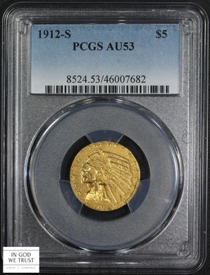 1912 S $5 Five Dollar Indian Head Gold Half Eagle PCGS AU 53 - Image 1 of 4