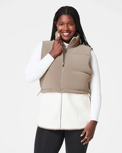 Spanx Women's Two-In-One Velour & Luxe Fleece Vest Ivory Tan Driftwood Puffer 2X - Picture 1 of 17
