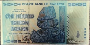 Billet 100 Trillion Dollars ZIMBABWE - réplique polymer couleur feuille d'or 24K - Picture 1 of 2