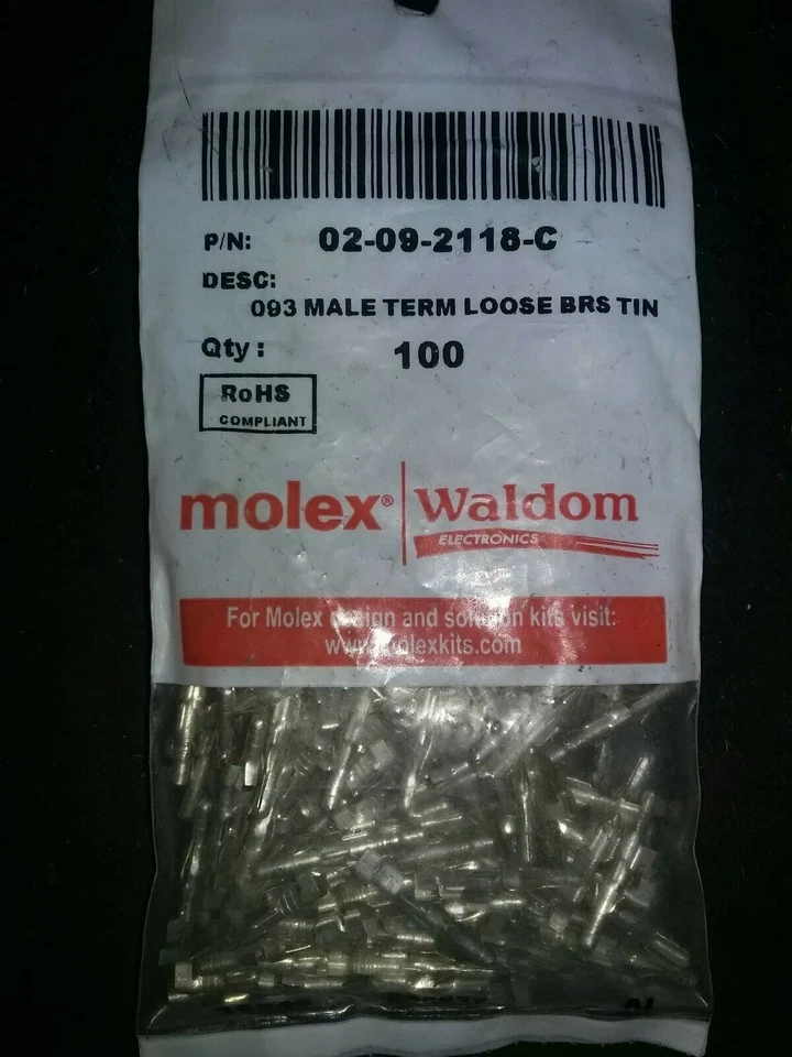 Molex 02-09-2118 connector pins .093 male Wire size 18-22 AWG  100 pcs. - Image 1 of 1
