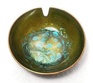 Vintage MCM Enamel Ashtray Artesian Crafted Aqua Swirls Signed K. Adams - Picture 1 of 9