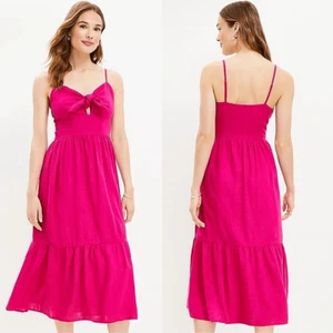 LOFT Dress Womens Size 14 Tie Front Strappy Midi Linen Blend Boho Tiered Glam - Picture 1 of 13