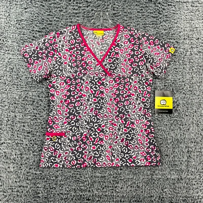WonderWink Scrub Top Womens XS Gray Pink Leopard print Utility Nurse Medical *36 - Image 1 of 4