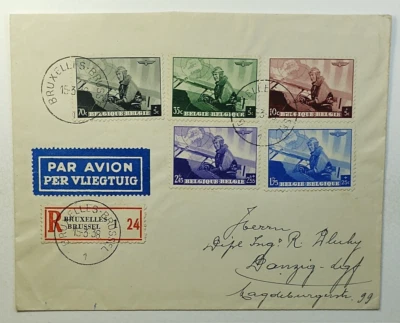 1938 FDC Belgium Registered Airmail Cover Pilot King Leopold III SC #B209-213 - Image 1 of 2