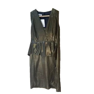 Moschino Liquid Green Gold Sleeveless v neck style peplum Fit And Flare dress 10 - Picture 1 of 15