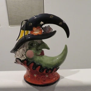 Blue Sky Heather Goldminc Halloween Crescent Moon Witch Candle House Tealight - Picture 1 of 13