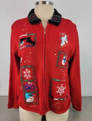 Hampshire Studio Snow Womens Red Christmas Full Zip Cardigan Sweater XL - Image 1 of 4