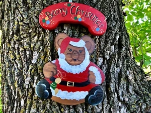 11 "Wooden Door Sign Plaque Beary Christmas Doorplate Wall Hanging Ornament Home - Picture 1 of 8