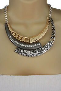 Women Short Fashion Necklace Metal Chain 3D Bib Charm Pendant Silver Gold Pewter