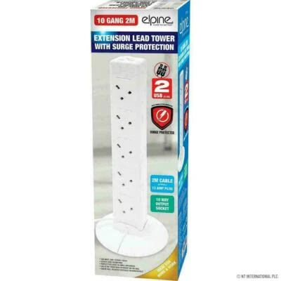 10 WAY GANG 2M EXTENSION TOWER LEAD CABLE PLUG SOCKET UK SURGE PROTECTED 13 AMP - Image 1 of 3