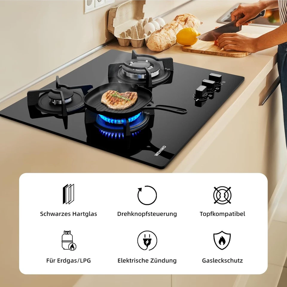 WEHIMO Gaskochfeld 60 cm 3 flammig Brenner 7750 W Glaskeramik Gas Cooker Hob schwarz