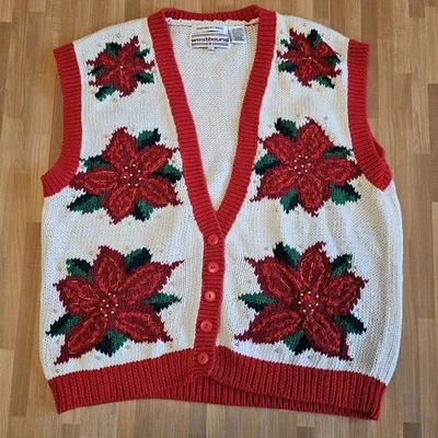 VTG 90s Christmas Sweater Vest Cardigan 1X Hand Knit Poinsettia  - Image 1 of 4