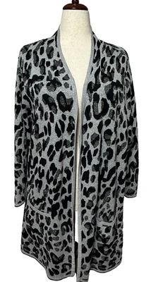 Catherines Luxe Cardigan 3X Black Animal Print Sparkle Open Long Line Sweater - Image 1 of 4