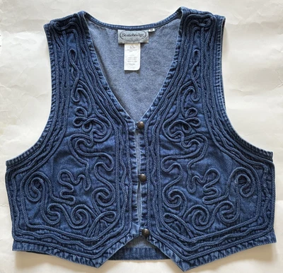 Vintage Stonebridge Women’s Blue Denim Vest M Cord Trim Button-Up Western Style - Image 1 of 4