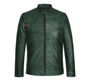 Dark Green Crocodile Embossed Leather Jacket – Men’s Stylish Biker Jacket Zipper - Picture 1 of 4