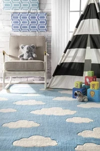 Neu Modern Handgetuftet 100% Wolle Weich Vorleger Carpet Rug Clou Wolken Babyblau - Bild 1 von 4