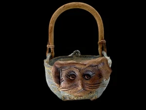 OOAK handgefertigter Studiokeramik Katzenkorb signiert Kunsthandwerk Steinzeug blaue Glasur 7 Zoll - Bild 1 von 13