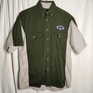 Rustler Wrangler Mens Button Up Shirt Green Tan Sz L Aztec Embroidered Slimming - Picture 1 of 11