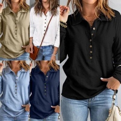 Women Polo Shirt Long Sleeve Tunic Blouse Ladies Loose Pullover Tee Fall Tops UK