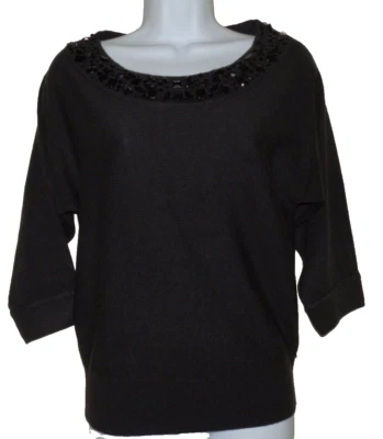 Mujer Nuevo Talla XS Negro Mangas 3/4 Suéter Cuentas Escote Atención Foto 1 de 2