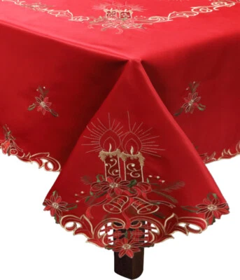 Holiday Christmas Poinsettia Bell Candle Tablecloth With Napkins RED GOLD  - Image 1 of 4