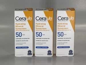 Pack of 3 - CeraVe Hydrating Mineral Sunscreen SPF 50 Face | 2.5 fl oz - Picture 1 of 3
