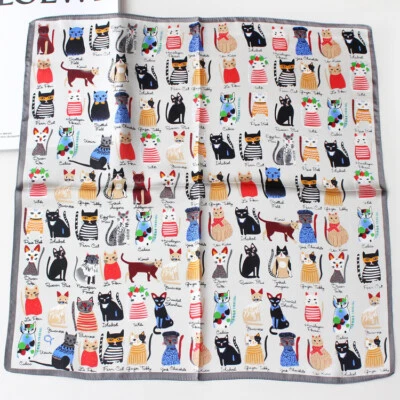 Women Small Scarf 100% Silk Kerchief Bandana Wrap Fashion Design Cats 53*53cm - Image 1 of 4