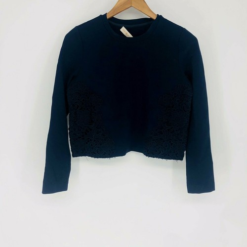 Top subacqueo Tory Burch cropped blu navy pizzo floreale manica lunga viscosa spessa taglia XS