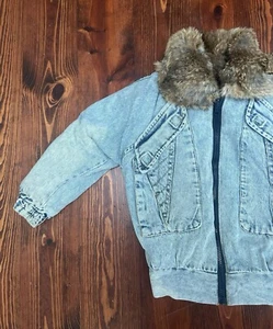Vintage 90’s Rabbit Fur Lined Jean Bomber Sz YOUTH M. Reversible. NOT ADULT SIZE - Picture 1 of 11