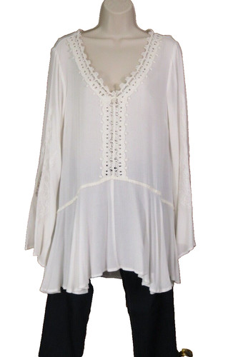 OFF WHITE Tunica Umgee Off White Boho manica lunga ricamo pizzo taglia small*