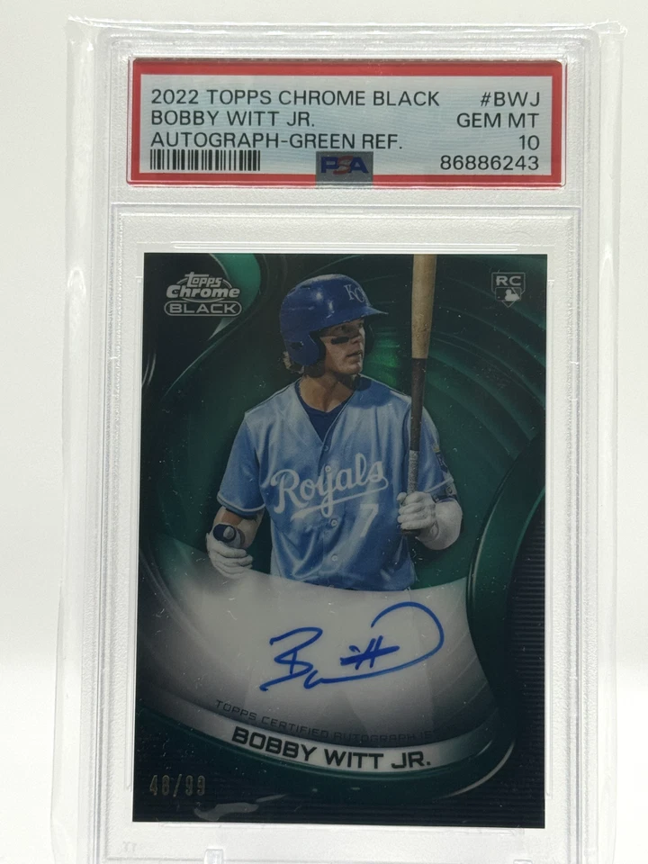 2022 Topps Chrome Black Bobby Witt Jr. Green Refractor Auto RC 48/99, PSA 10 - Image 1 of 2
