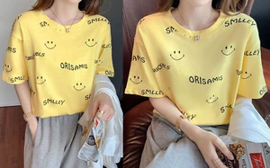 Damen Kurzarm Baumwolle lächelndes Gesicht T-Shirt Rundhalsausschnitt Oberteil Tee klassische Passform - Bild 1 von 6