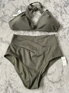Aerie Damen Bikini Oberteil und Unterteil Olivgrün Größe Medium Unterteil XL Oberteil Neu mit Etikett - Bild 1 von 11
