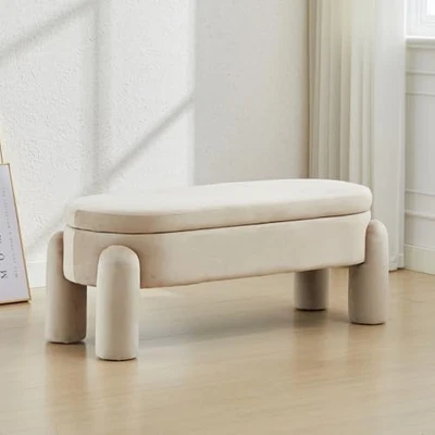 Velvet Upholstered Storage Bench Modern Bedroom Window Seat Khaki - Image 1 of 4