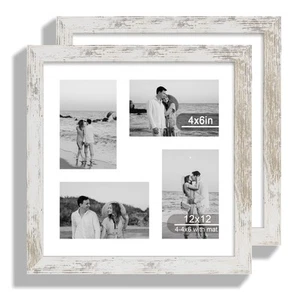 12x12 Picture Frame Set of 2, Distressed White Wood Frame with Glass Collage ... - Picture 1 of 7