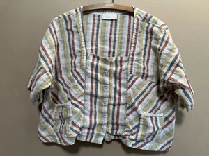 CANNISSE 100% Linen Square Neck Boxy Top Sz M Striped Boho Lagenlook Pockets - Picture 1 of 10