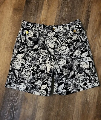 Lauren Ralph Lauren 短裤女式 12 码海军蓝白色花卉佩斯利金色纽扣 — 第 1/4 张图片