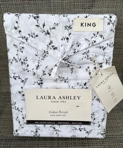 Laura Ashley Saras Spring Black White Floral Cotton Percale KING Sheet Set 4pc - Picture 1 of 5