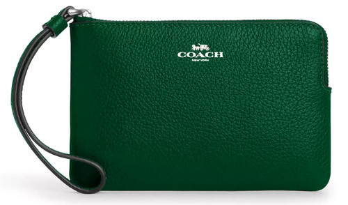 ? Polsino Coach con Zip Angolare CP483 Verde Trifoglio Raffinata Pelle di Ciottoli Nuovo con etichette
