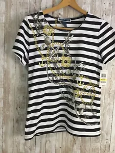 Top Karen Scott scollo a scoop conchiglia nautica grafica a righe manica corta NUOVO - Foto 1 di 6