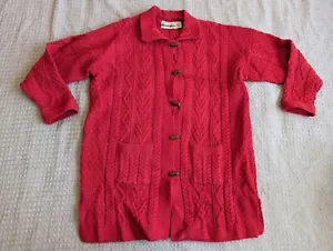 Aran Crafts Maglione Donna Grande Rosso Maglia Toggles Cardigan Lungo Merino Irlanda - Foto 1 di 13