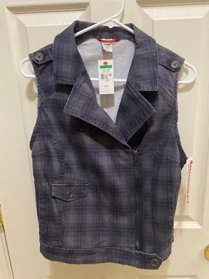 Nuevo Chaleco de mezclilla a cuadros gris y rosa Unionbay para mujer Jean cremallera lateral cuello en V talla grande Foto 1 de 3